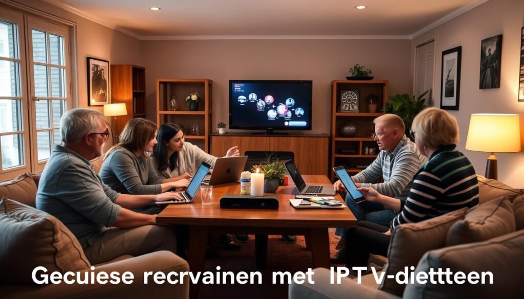 A group of people sitting around a table, discussing and reviewing IPTV services. The scene is set in a cozy, well-lit living room, with warm lighting and a mix of modern and vintage furnishings. The participants are engaged in lively conversation, laptops and tablets in hand, as they share their experiences and opinions on the various IPTV providers available. The atmosphere conveys a sense of community, trust, and informed decision-making, reflecting the title "Gebruikerservaringen met IPTV-diensten". A group of people sitting around a table, discussing and reviewing IPTV services. The scene is set in a cozy, well-lit living room, with warm lighting and a mix of modern and vintage furnishings. The participants are engaged in lively conversation, laptops and tablets in hand, as they share their experiences and opinions on the various IPTV providers available. The atmosphere conveys a sense of community, trust, and informed decision-making, reflecting the title "Gebruikerservaringen met IPTV-diensten".