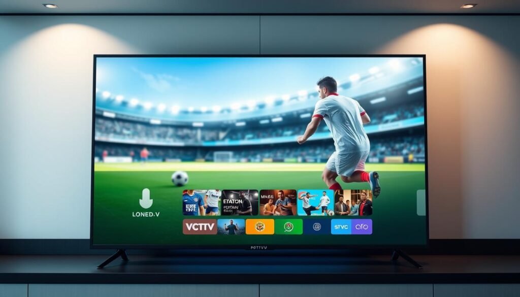 A sleek and modern IPTV streaming service interface, showcasing a crisp high-definition sports broadcast with vibrant colors and sharp details. The screen displays a football match in the foreground, with a clean and intuitive menu system in the middle ground, allowing users to seamlessly navigate various live and on-demand sports content. The background features a minimalist yet sophisticated design, with subtle gradients and geometric patterns creating a sense of technological sophistication. Lighting is soft and balanced, with a cool, neutral tone that enhances the digital aesthetic. The overall composition conveys a seamless, user-friendly, and high-quality IPTV experience tailored for sports enthusiasts.