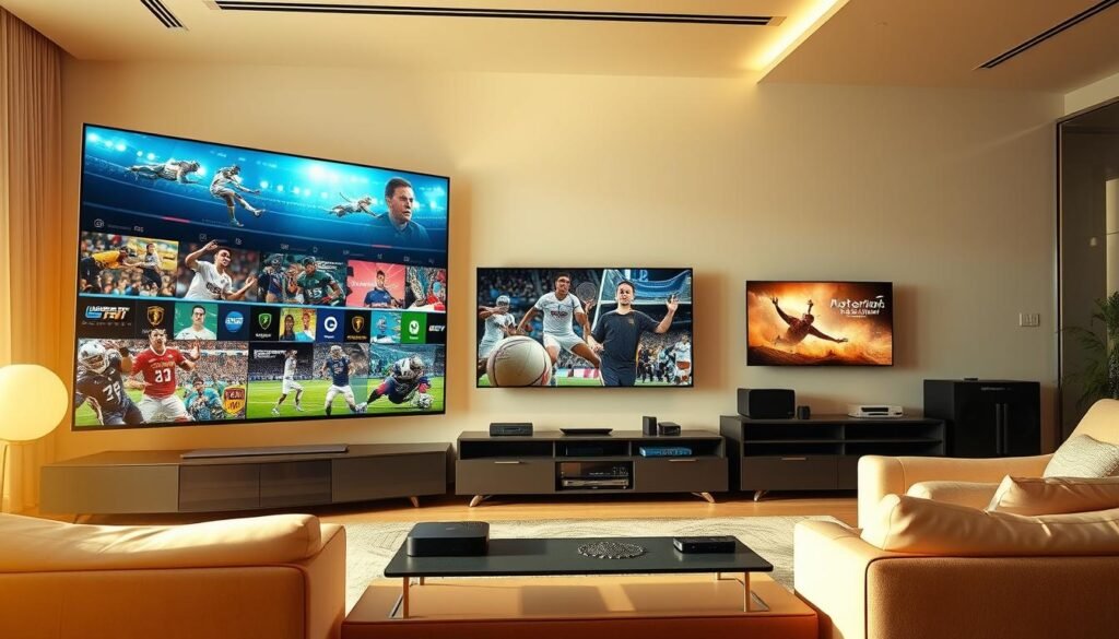 A vibrant and immersive scene depicting IPTV sports channels. In the foreground, a large high-definition display showcases a diverse array of live sporting events, from football and basketball to tennis and motorsports. The middle ground features various connected devices, such as smart TVs, streaming boxes, and mobile devices, all seamlessly integrated to deliver the ultimate IPTV experience. The background showcases a modern, minimalist living room setting, with sleek and contemporary furnishings that complement the technology-driven atmosphere. The scene is bathed in warm, natural lighting, creating a cozy and inviting ambiance for sports enthusiasts to enjoy their favorite events in the comfort of their own homes.